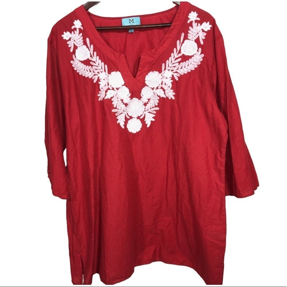 South Main Red & White Embroidered Blouse